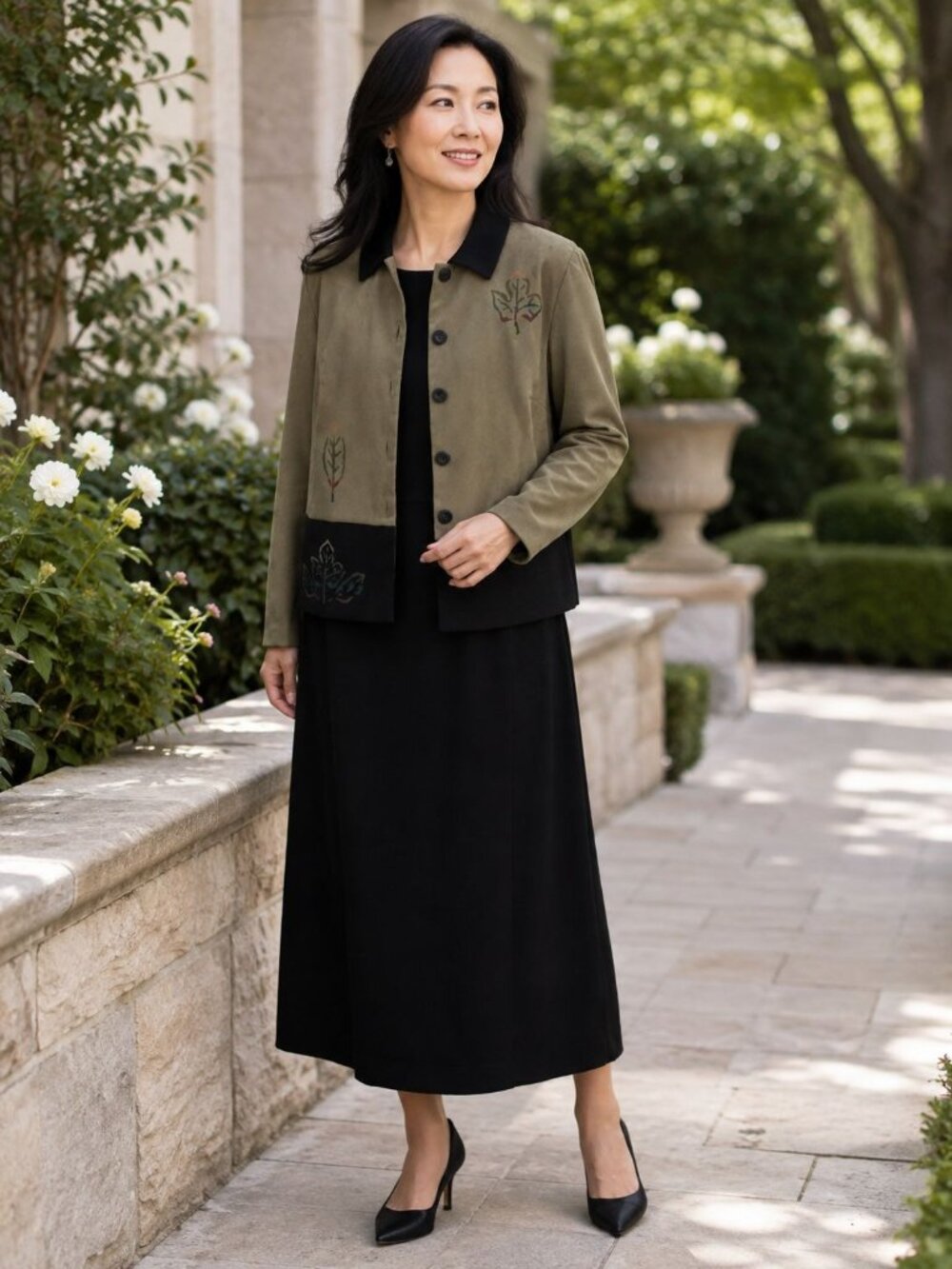Vintage Lady Dorby Women 2 Pc Set Black Dress Green Jacket Stamped Leaf Size 16W